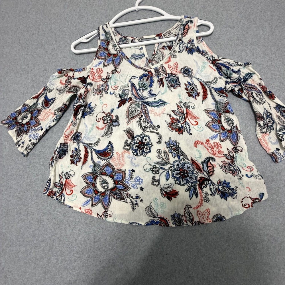 Gypsies & Moondust Flowy Cold Shoulder Floral Boho Peasant Shirt Top Sz Med
